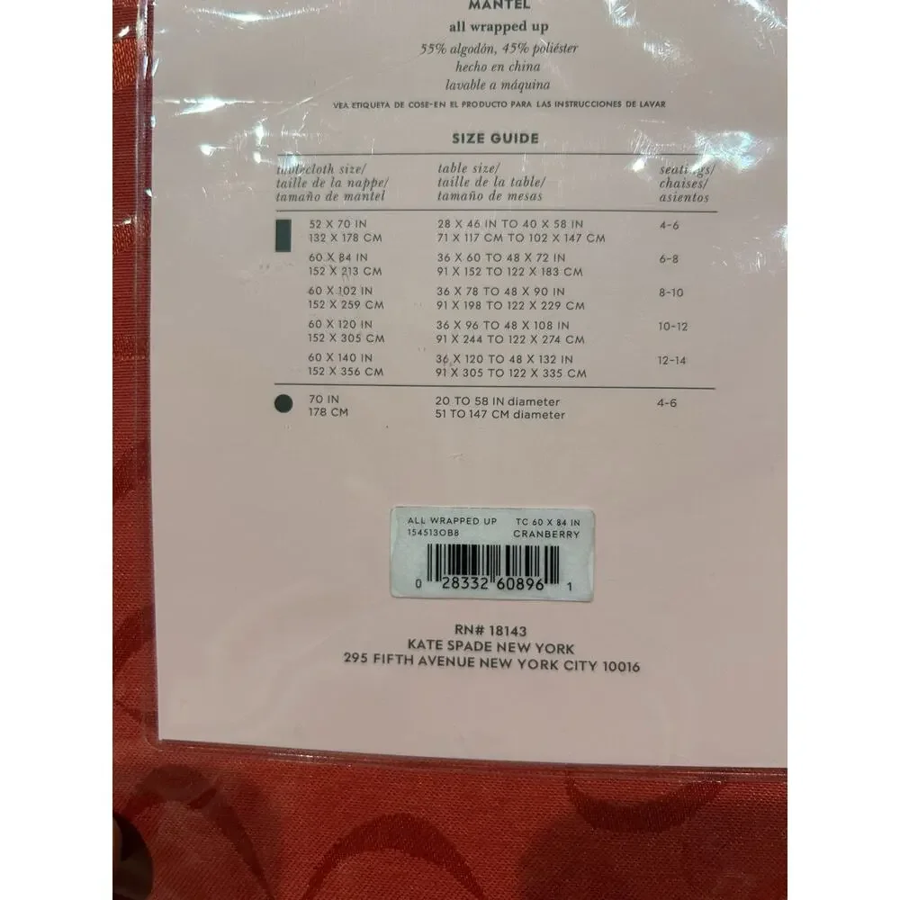 Kate Spade Tablecloth 60x84 Holiday All Wrapped Up Bow Cranberry Red Oblong B26